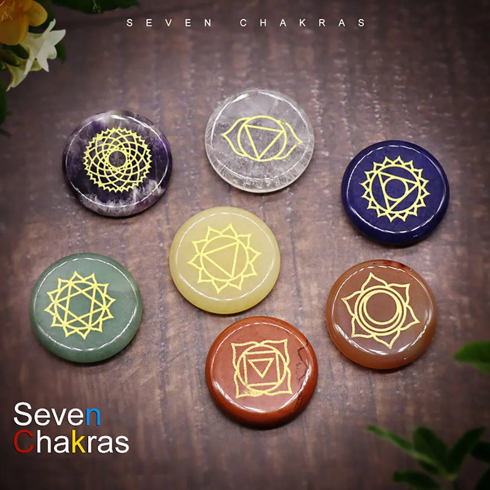 7 Chakra Crystal Stones Natural Reiki Healing Crystals Gemstones Engraved Symbol Tumbled Polished Stone Kit Meditation Therapy