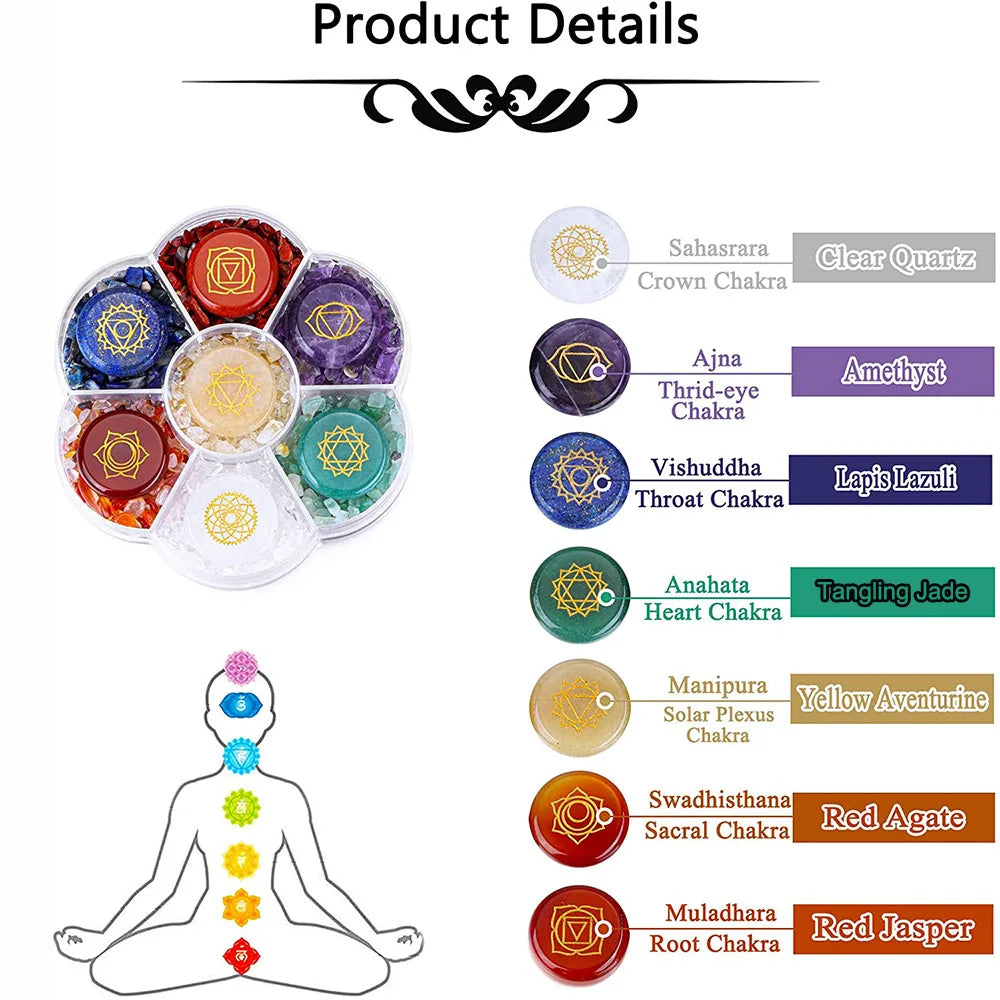 7 Chakra Crystal Stones Natural Reiki Healing Crystals Gemstones Engraved Symbol Tumbled Polished Stone Kit Meditation Therapy