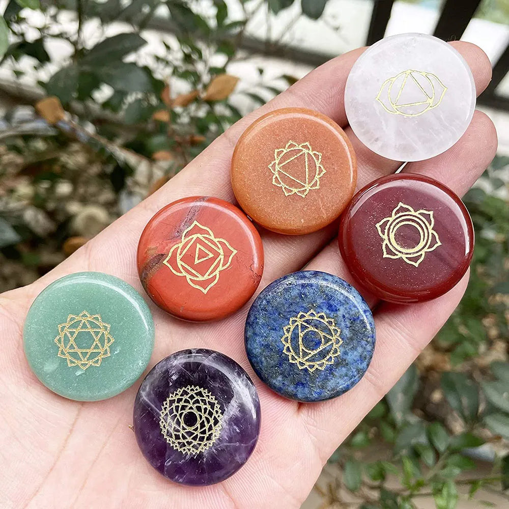 7 Chakra Crystal Stones Natural Reiki Healing Crystals Gemstones Engraved Symbol Tumbled Polished Stone Kit Meditation Therapy
