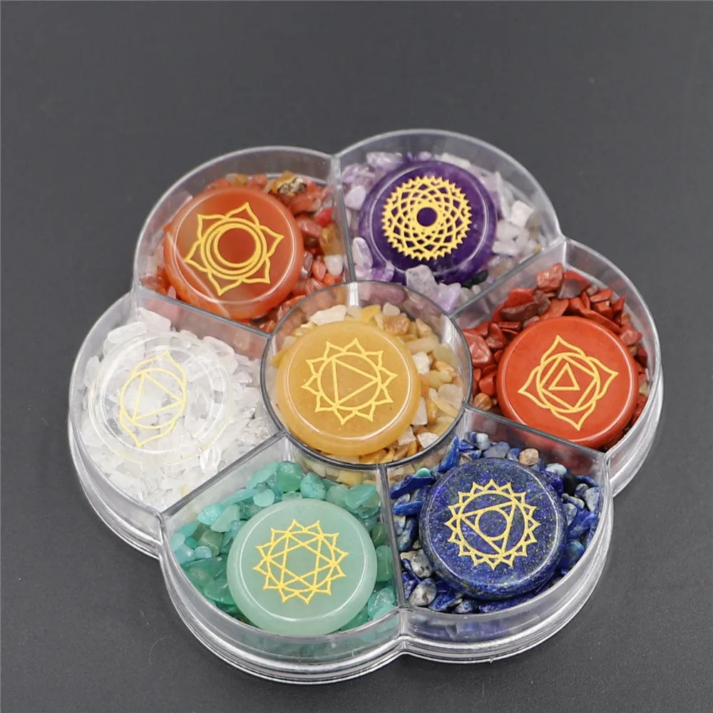 7 Chakra Crystal Stones Natural Reiki Healing Crystals Gemstones Engraved Symbol Tumbled Polished Stone Kit Meditation Therapy