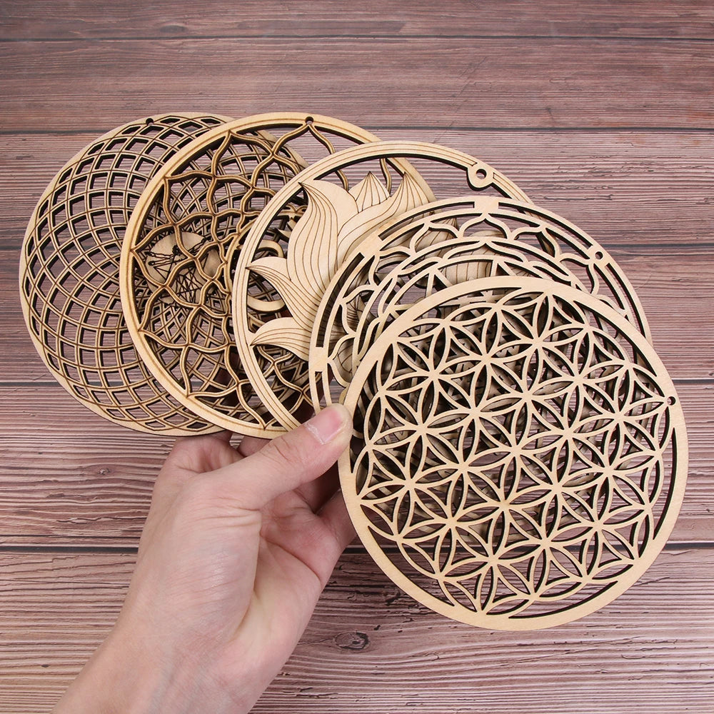 New Chakra Flower of life Natural Symbol  Wood Round Edge Circles Carved Coaster For Stone Crystal Set Home Kitchen DIY Decor