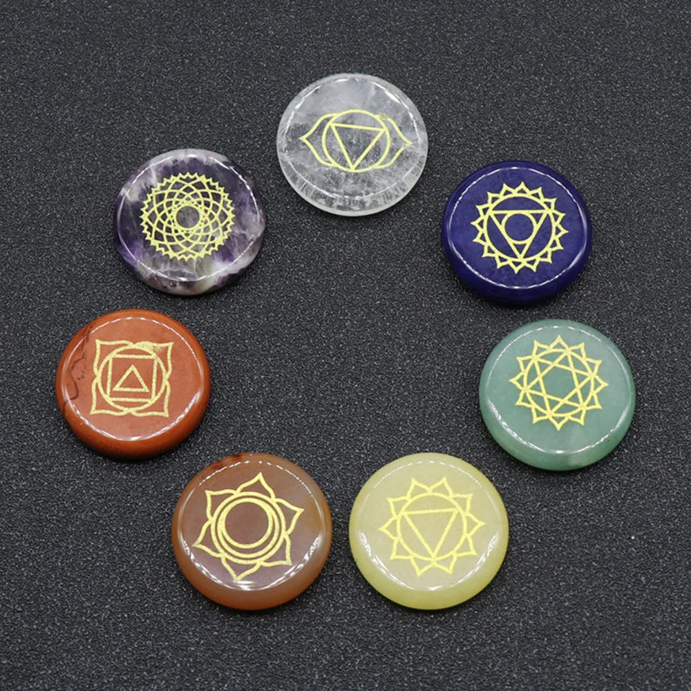 7 Chakra Crystal Stones Natural Reiki Healing Crystals Gemstones Engraved Symbol Tumbled Polished Stone Kit Meditation Therapy