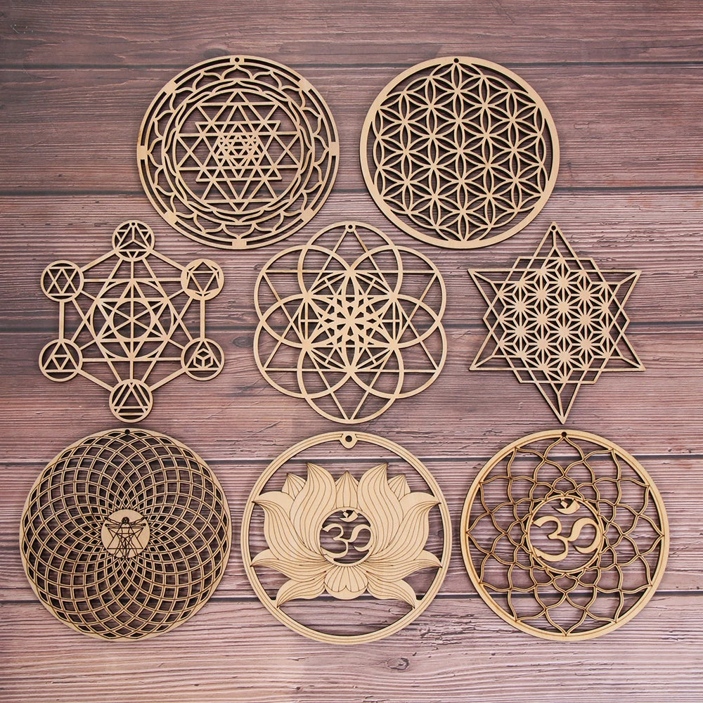 New Chakra Flower of life Natural Symbol  Wood Round Edge Circles Carved Coaster For Stone Crystal Set Home Kitchen DIY Decor