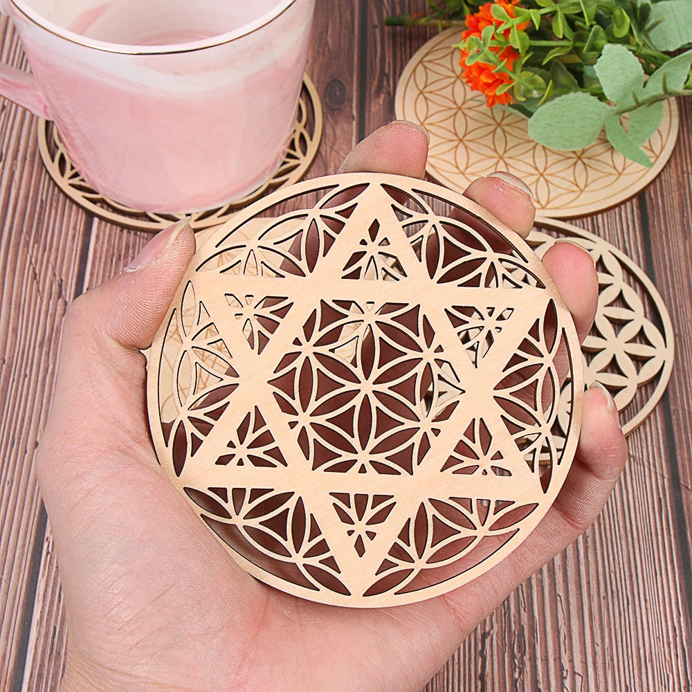 New Chakra Flower of life Natural Symbol  Wood Round Edge Circles Carved Coaster For Stone Crystal Set Home Kitchen DIY Decor