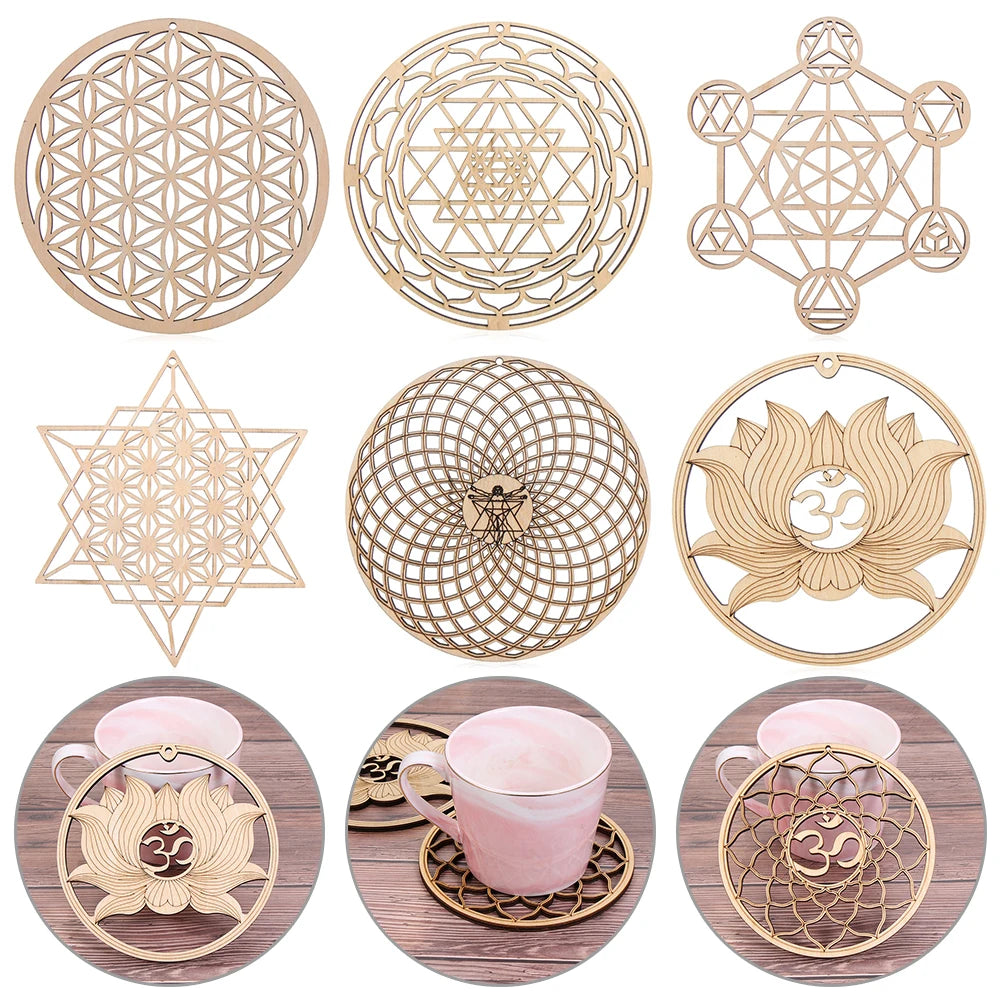 New Chakra Flower of life Natural Symbol  Wood Round Edge Circles Carved Coaster For Stone Crystal Set Home Kitchen DIY Decor