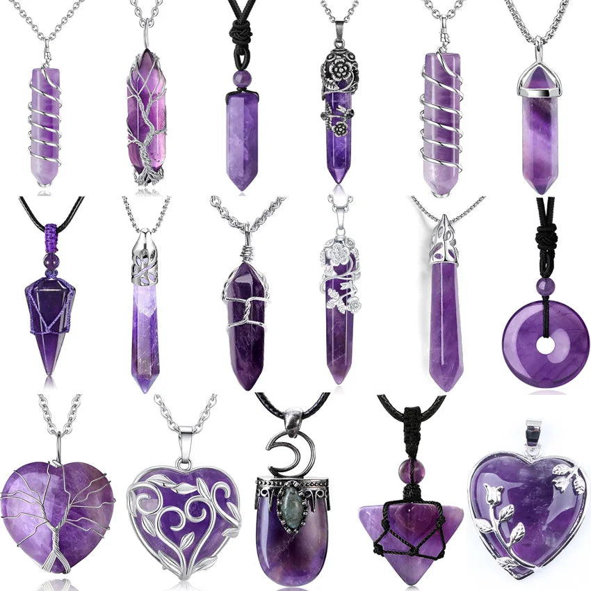 Natural Amethysts Reiki Tree of Life Hexagon Heart Wire Wrapped Pendant Circle Donut Braided Handmade Necklace Women Men Jewelry