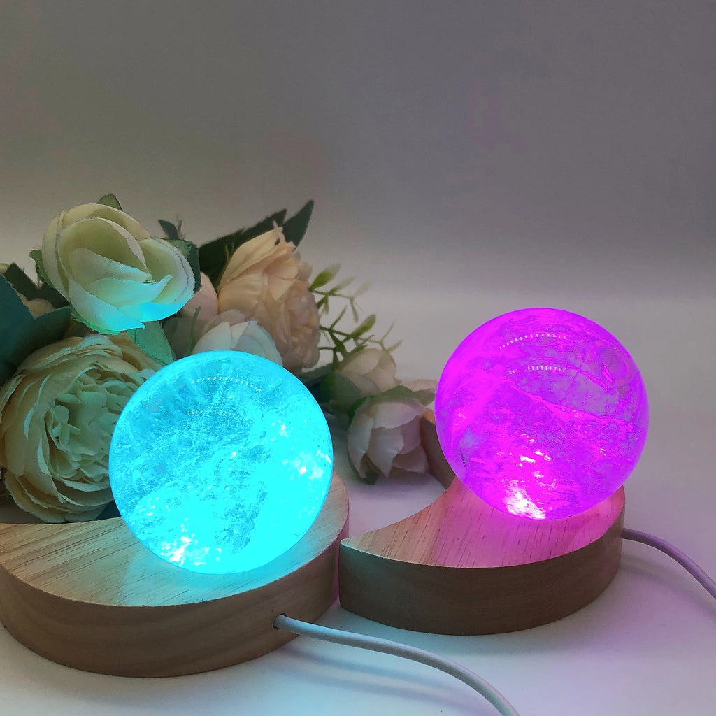 Moon Shape Wooden LED Light Display Base Crystal Sphere Stand Ball Holder Night Lamp Rotating Stand Home Decor Christmas