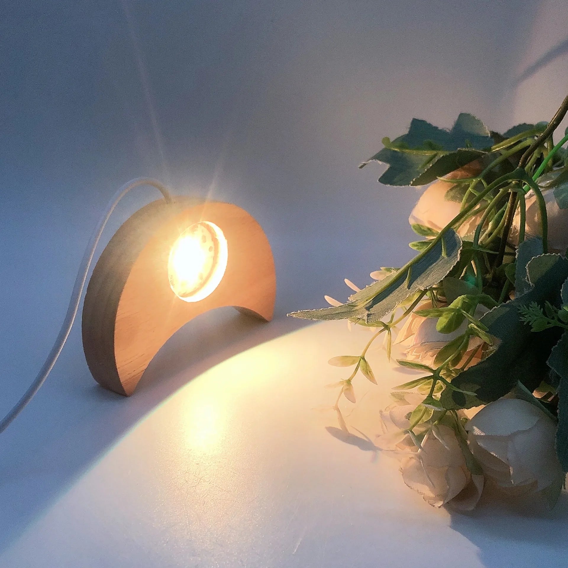 Moon Shape Wooden LED Light Display Base Crystal Sphere Stand Ball Holder Night Lamp Rotating Stand Home Decor Christmas