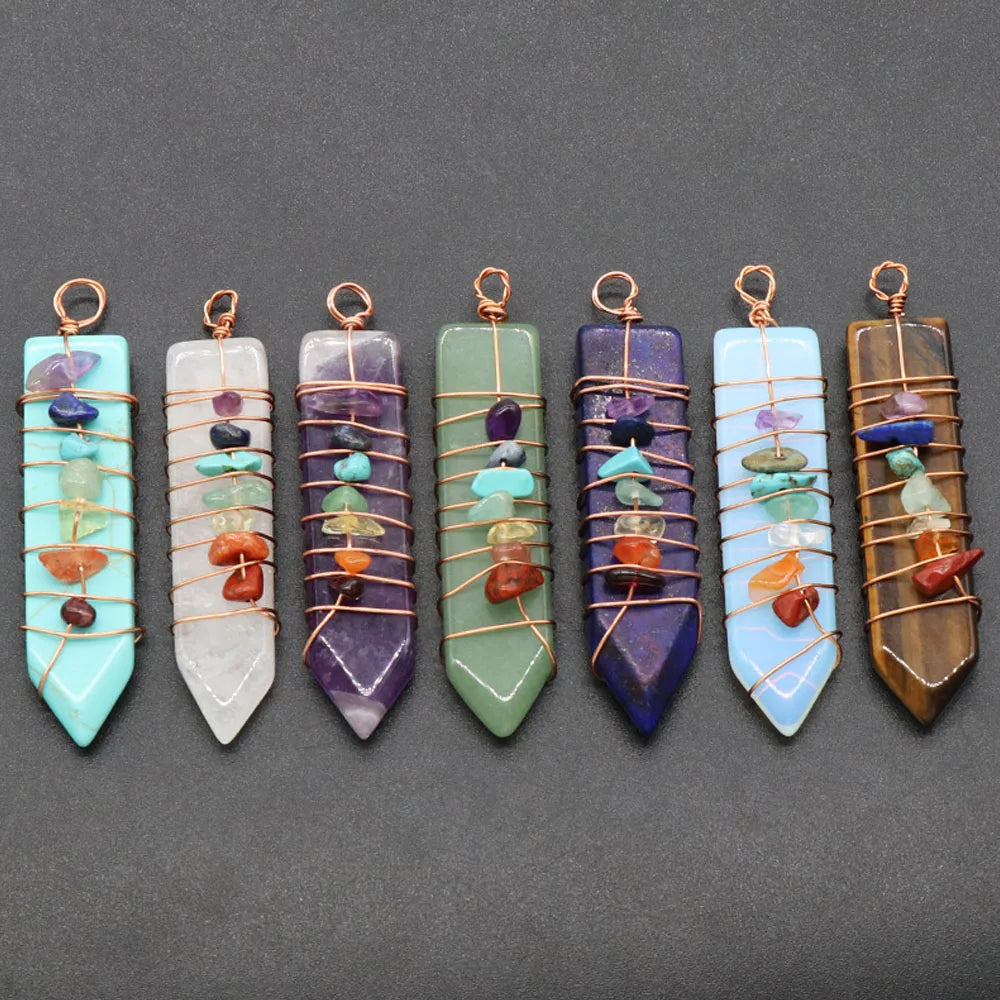 7 Chakras Natural Stone Crystal Reiki Pendant Arrow Shaped Colorful Gravel Wire Charms for Jewelry Making DIY Necklace Accessory