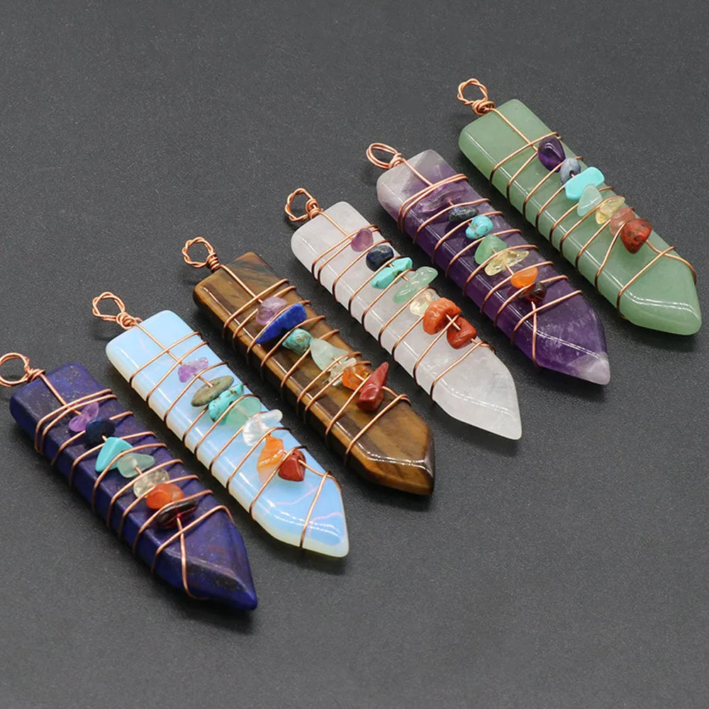 7 Chakras Natural Stone Crystal Reiki Pendant Arrow Shaped Colorful Gravel Wire Charms for Jewelry Making DIY Necklace Accessory