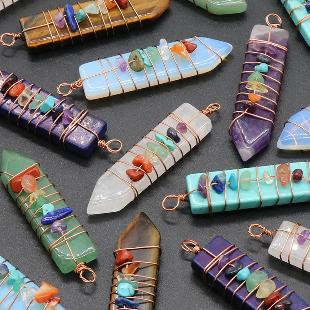 7 Chakras Natural Stone Crystal Reiki Pendant Arrow Shaped Colorful Gravel Wire Charms for Jewelry Making DIY Necklace Accessory