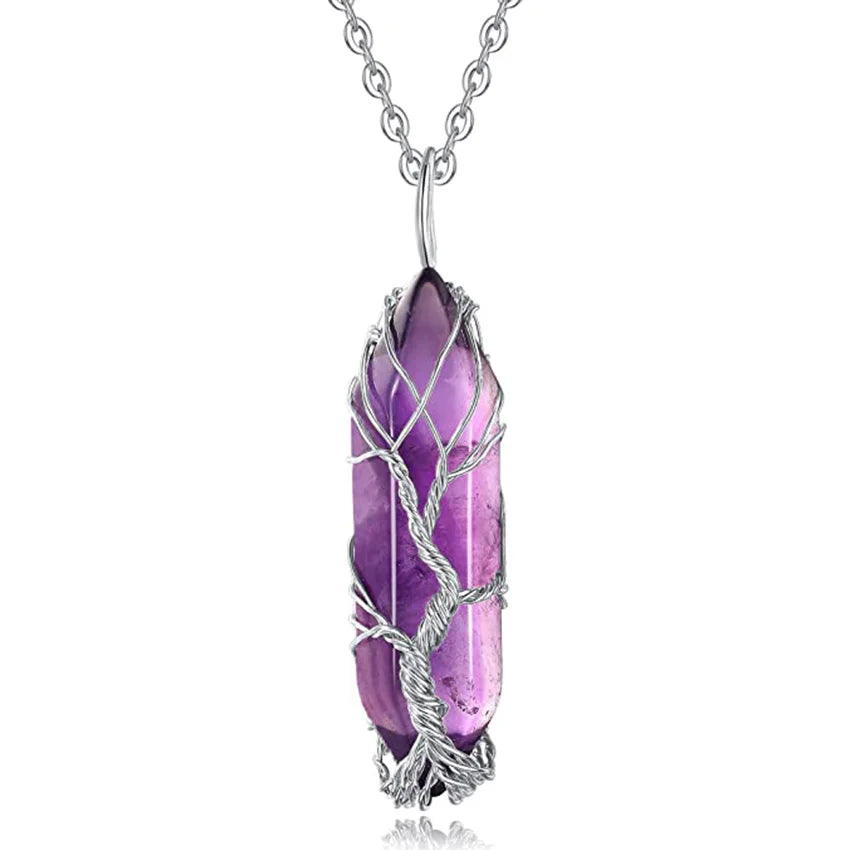 Natural Amethysts Reiki Tree of Life Hexagon Heart Wire Wrapped Pendant Circle Donut Braided Handmade Necklace Women Men Jewelry