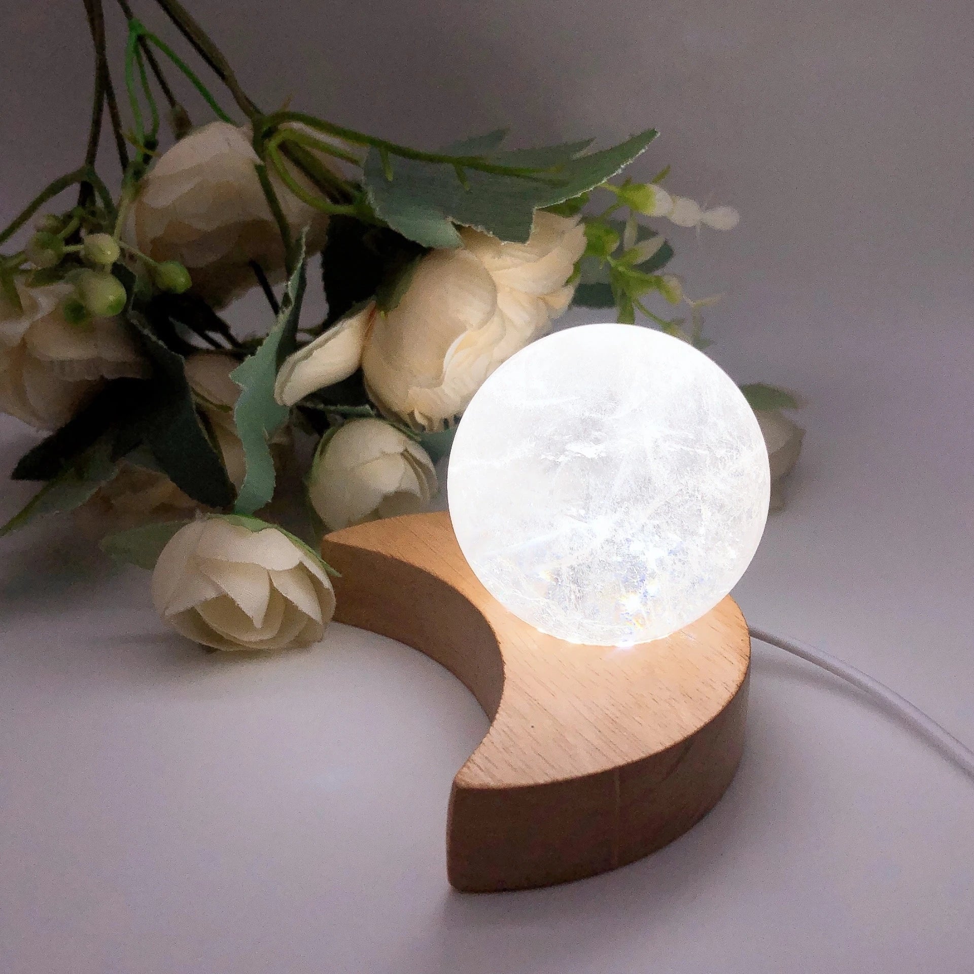 Moon Shape Wooden LED Light Display Base Crystal Sphere Stand Ball Holder Night Lamp Rotating Stand Home Decor Christmas