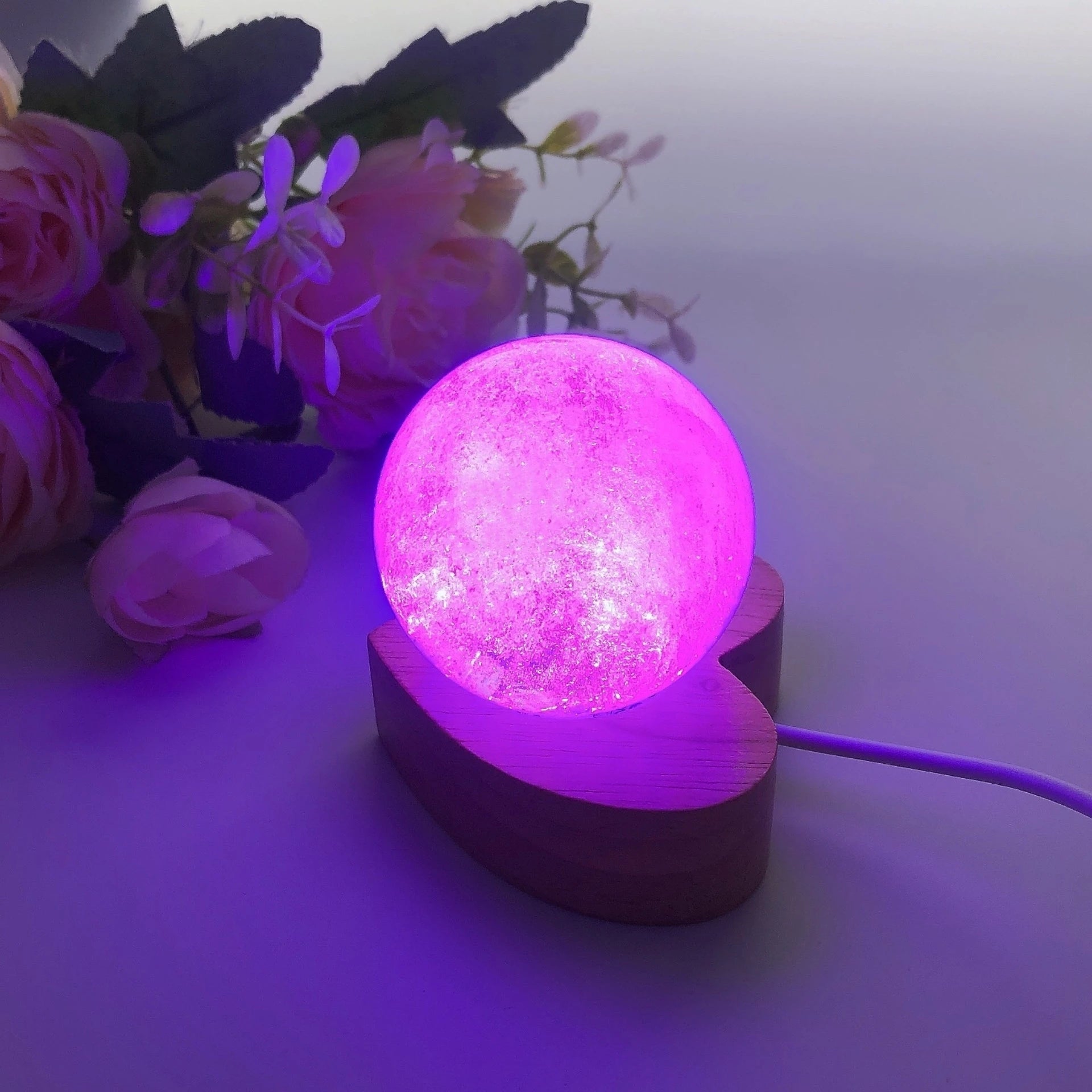 Heart Shape Wooden LED Light Display Base Crystal Sphere Stand Ball Holder Night Lamp Rotating Stand Home Decor Christmas