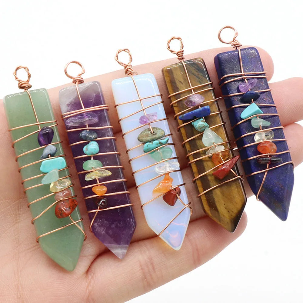 7 Chakras Natural Stone Crystal Reiki Pendant Arrow Shaped Colorful Gravel Wire Charms for Jewelry Making DIY Necklace Accessory