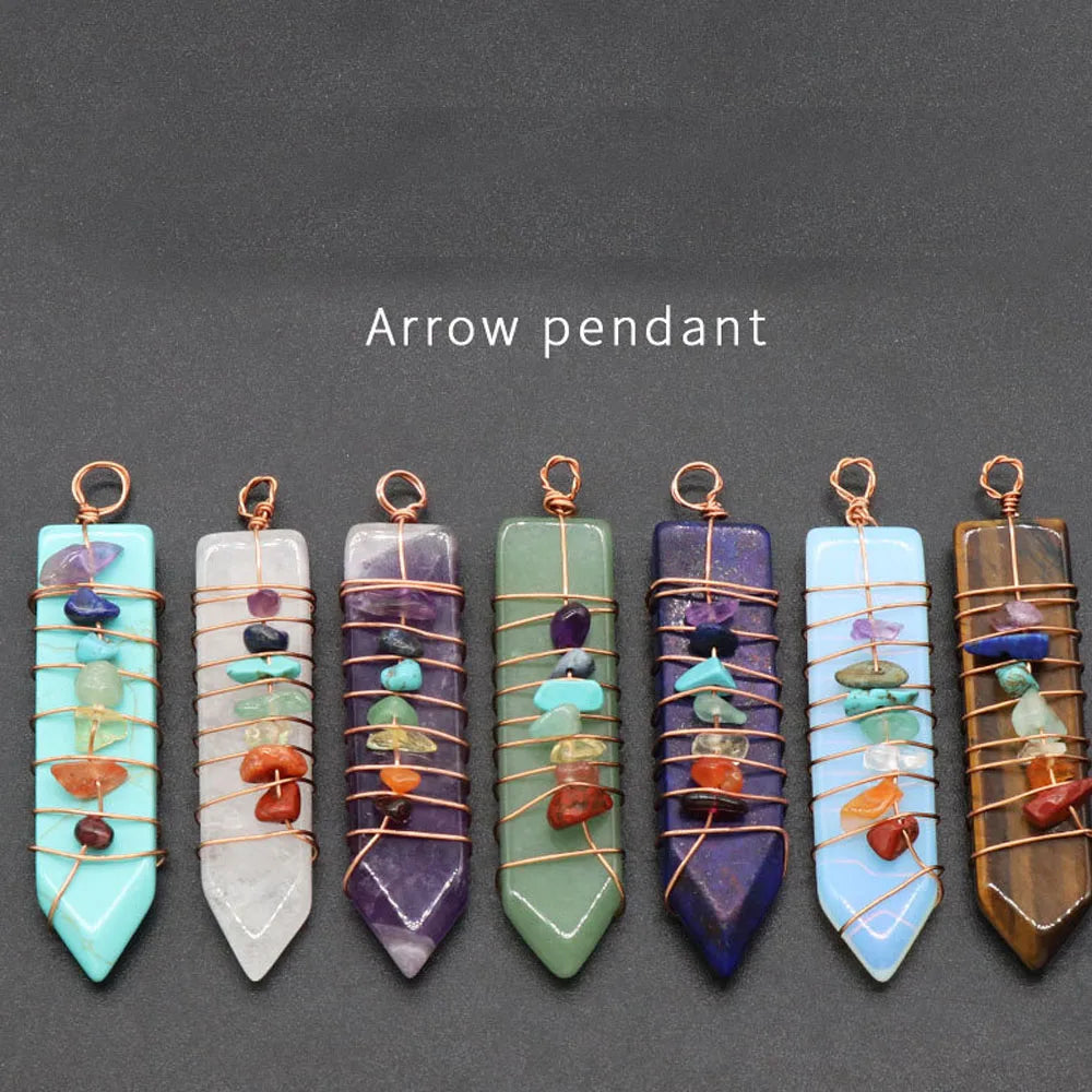 7 Chakras Natural Stone Crystal Reiki Pendant Arrow Shaped Colorful Gravel Wire Charms for Jewelry Making DIY Necklace Accessory