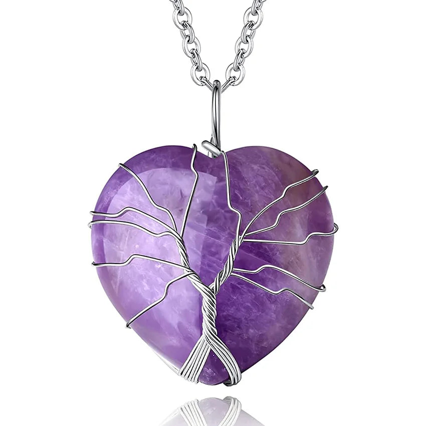 Natural Amethysts Reiki Tree of Life Hexagon Heart Wire Wrapped Pendant Circle Donut Braided Handmade Necklace Women Men Jewelry